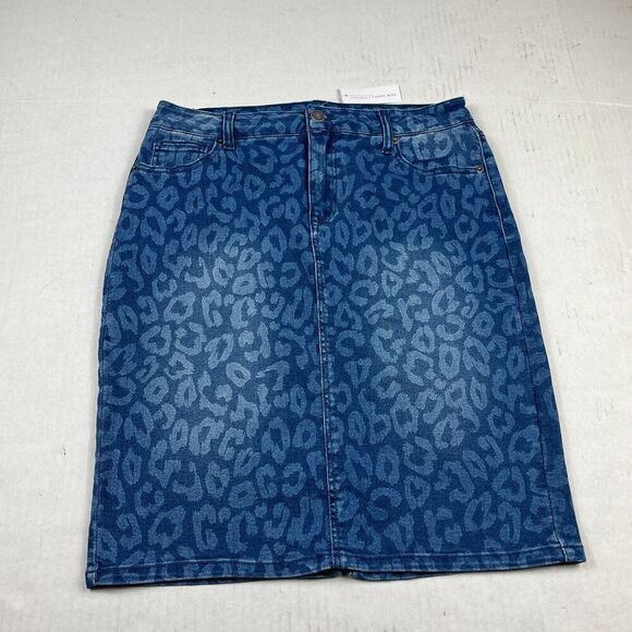 New York & Company Stretch Denim Pencil Skirt Blue Cheetah Print Slim Fit Size 8 - Picture 1 of 10